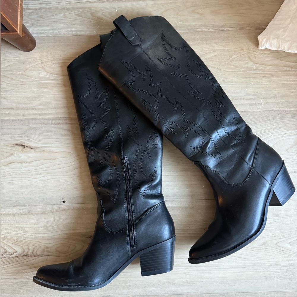Western Black Leather Heeled Boots